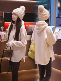 小个子韩版连帽加绒加厚中长款卫衣外套女休闲宽松时尚打底衫上衣