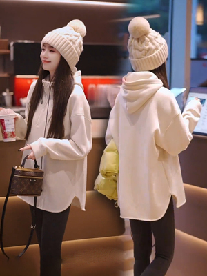 小个子韩版连帽加绒加厚中长款卫衣外套女休闲宽松时尚打底衫上衣