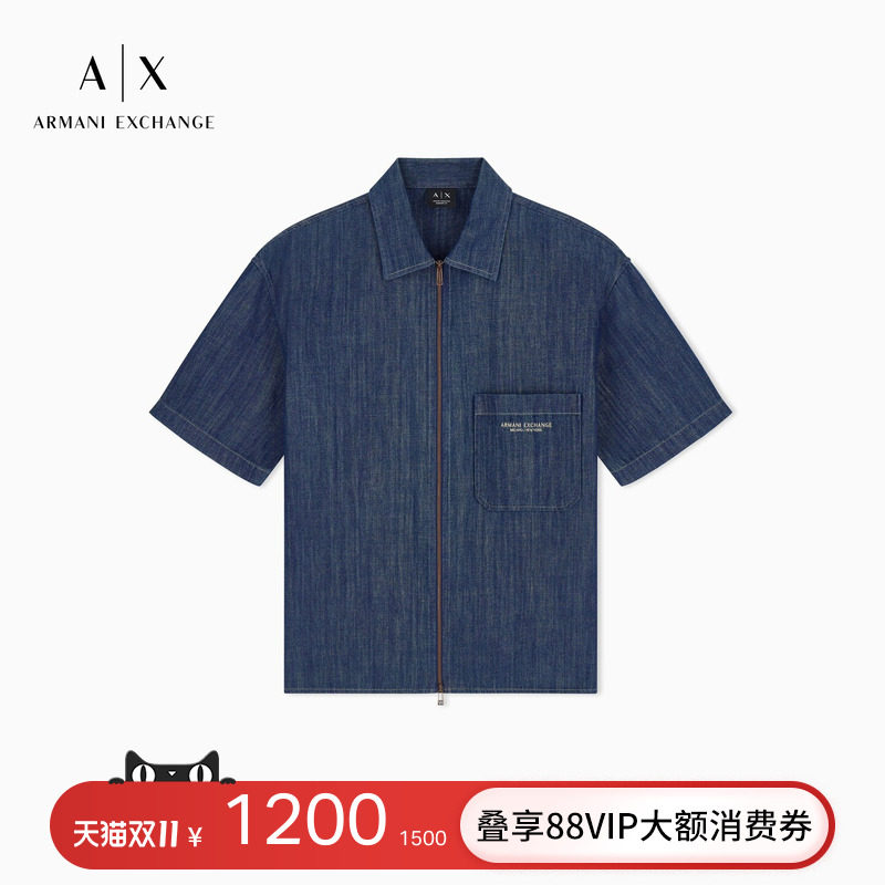 ARMANI EXCHANGE/阿玛尼秋冬新款男士纯棉美式短袖休闲牛仔衬衫