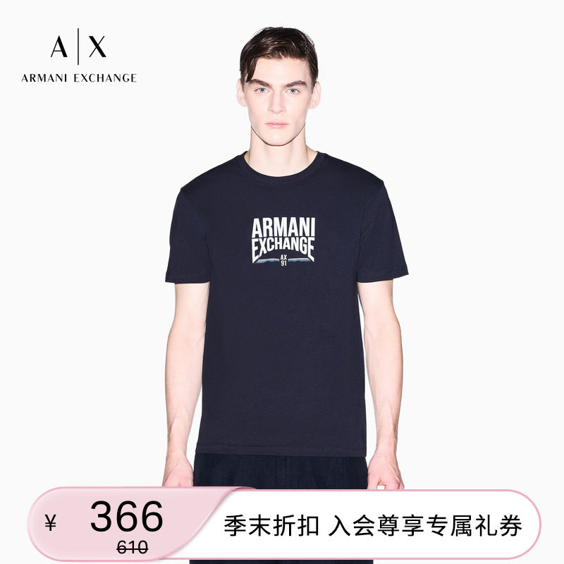 ARMANI EXCHANGE/阿玛尼夏新款男士圆领短袖正肩印花复古纯棉T恤 - 实物图