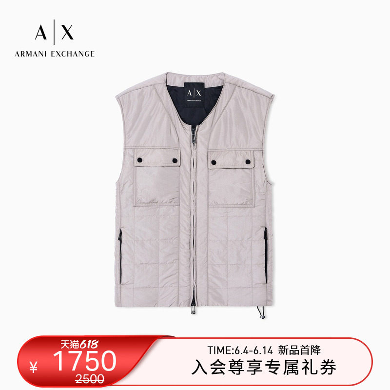 ARMANI EXCHANGE/阿玛尼春夏新款男士无袖拉链格纹棉服马甲外套