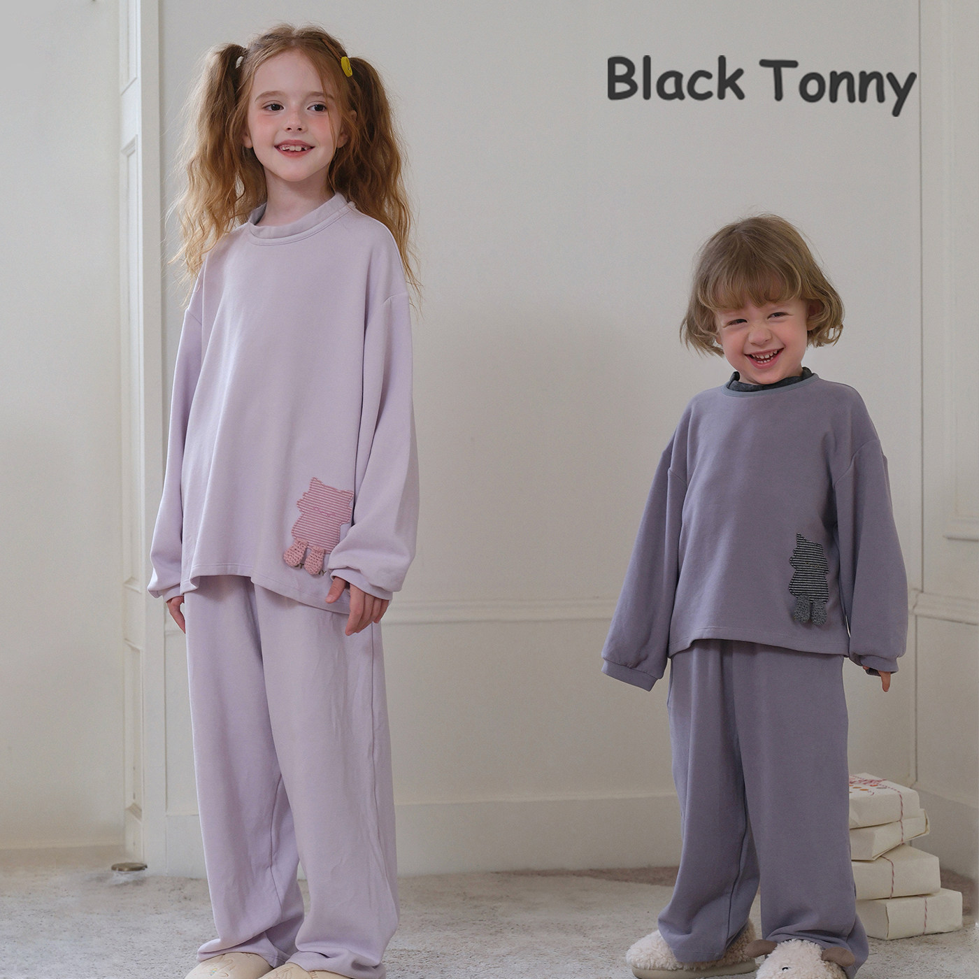 小黑托昵春秋男女童睡衣套装宝宝儿童家居服冬款加绒加厚空调服