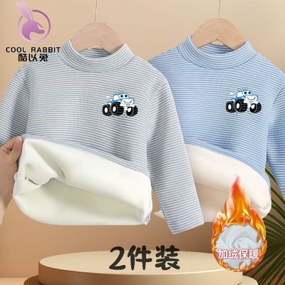 加绒加厚打底衫儿童冬季保暖上衣宝宝条纹半高领男童卡通外穿上衣