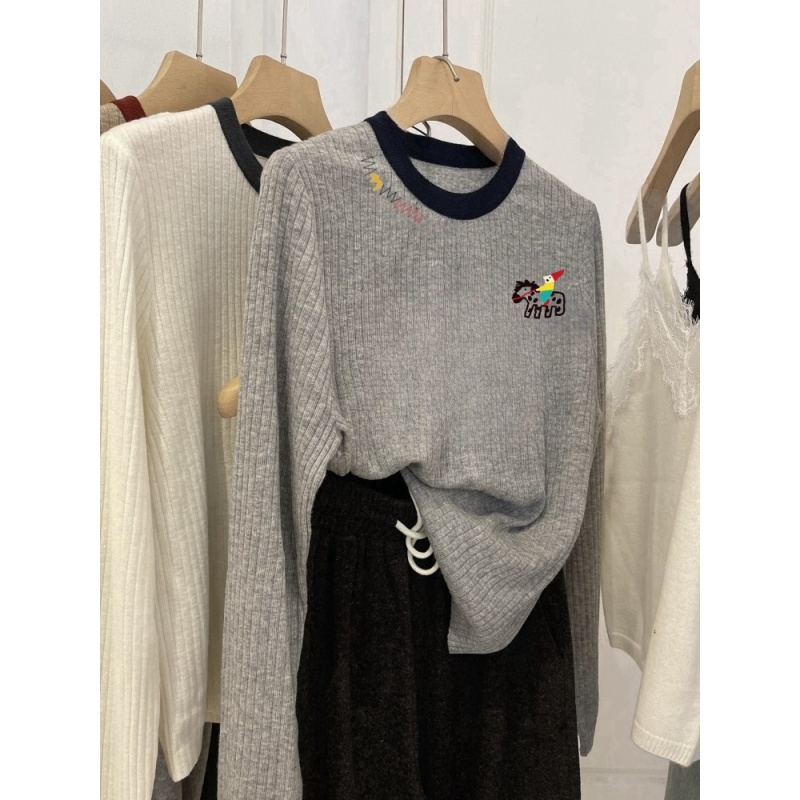 奥特莱斯~品牌外贸专柜捡漏撞色拼接针织衫女设计感独特小众上衣