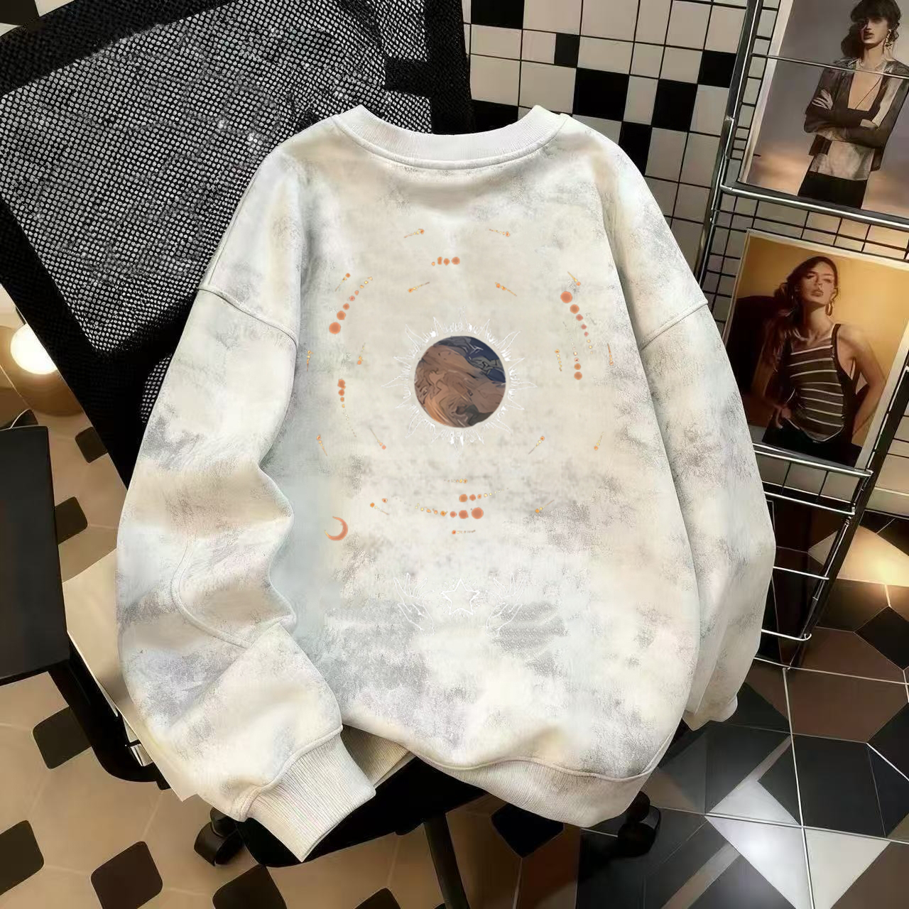 奥特莱斯~品牌外贸专柜捡漏小众扎染秋冬加绒加厚男女圆领卫衣潮