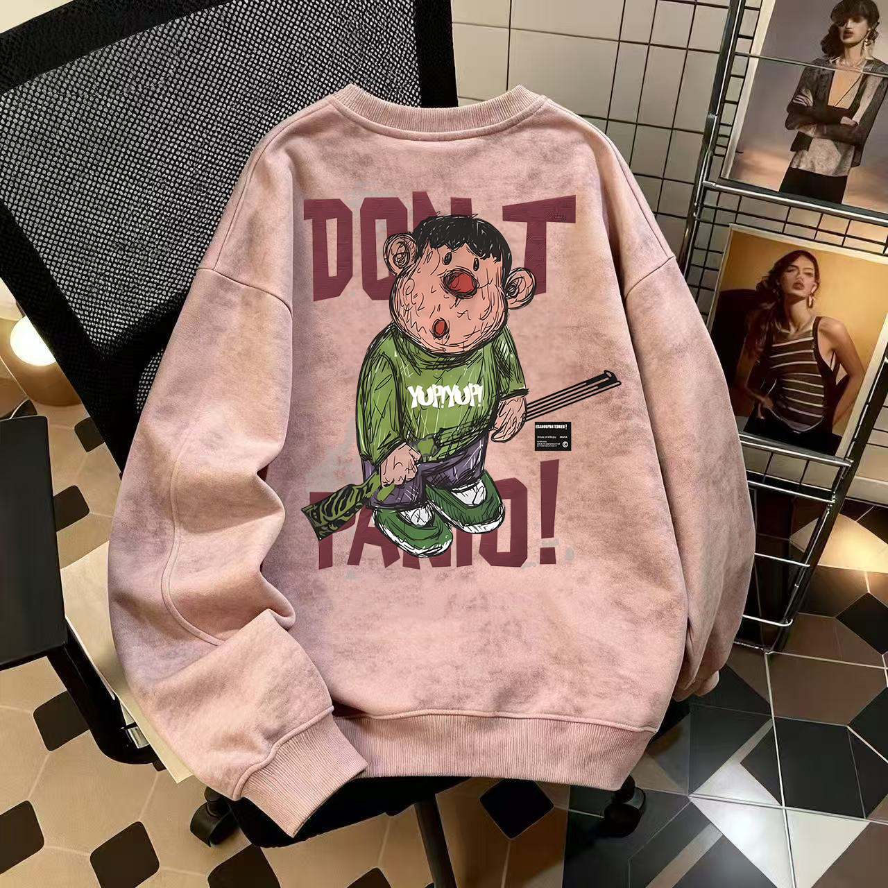 奥特莱斯~品牌外贸专柜捡漏秋冬加绒保暖扎染美式圆领宽松卫衣潮