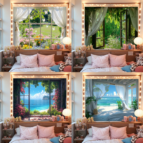 ins唯美窗户风景网红直播背景布房间卧室装饰挂毯宿舍改造拍照布