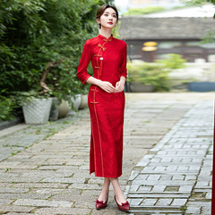 红色旗袍2025新款外嫁女回娘家服装礼仪走秀演出服长袖迎宾小姐服