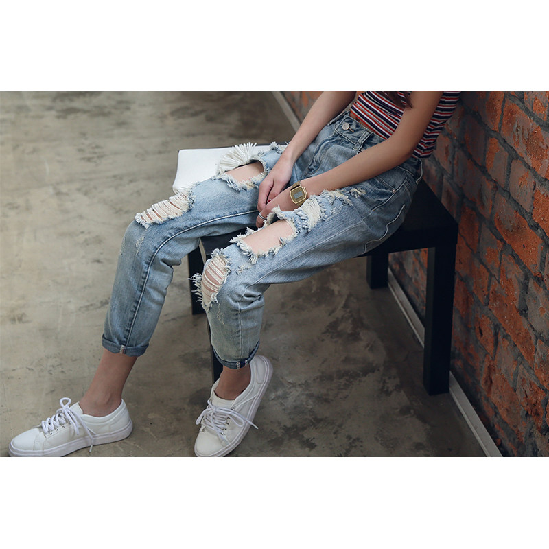 九分漏洞破铜牛仔裤牛子裤子女土宽松大码哈伦裤显瘦垮裤破烂乞丐