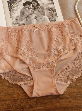 夏季大码蕾丝内裤女透明网纱中高腰舒适无痕胖妹妹女士包臀三角裤
