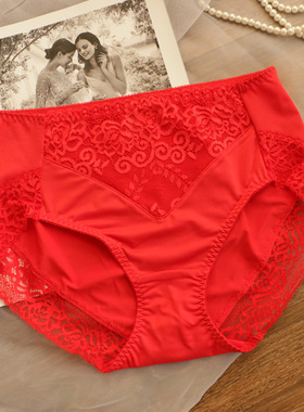 日系本命年红色内裤女高腰纯棉牛奶丝蕾丝无痕大码结婚三角裤胖mm
