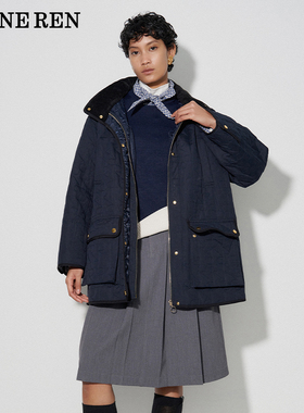 REINEREN设计师任茜 秋冬新品巴恩风3M绗棉绒面连帽棉服外套