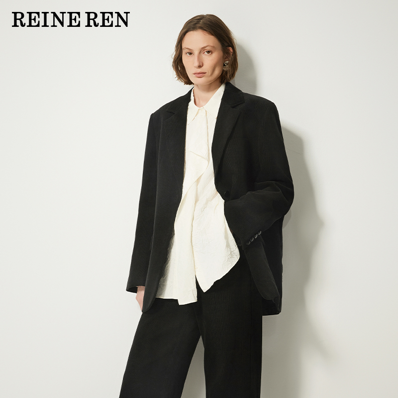 REINEREN任茜设计师款2025秋冬新款老钱风黑色灯芯绒廓形西装外套