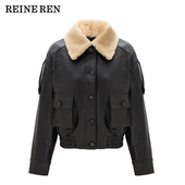 REINEREN任茜设计师款 预售 羊羔领羊皮复古荔枝纹黑色机车夹克