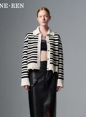 REINEREN任茜设计师款秋冬巴恩风高级感黑白条纹宽松针织开衫