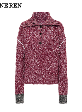 REINEREN任茜设计师款2025冬季新年毛衣大翻领套头花纱撞色针织衫