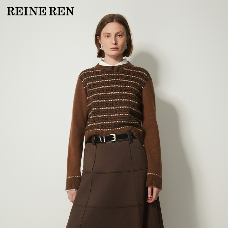 REINEREN任茜设计师款2025秋冬复古费尔岛咖色条纹圆领套头针织衫