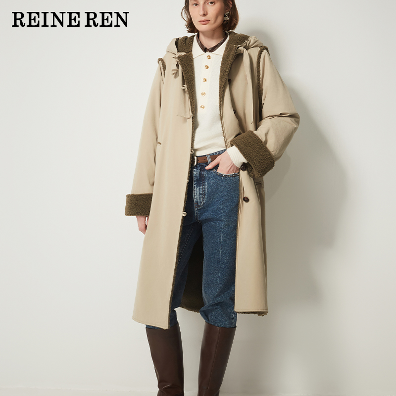 REINEREN任茜设计师款2025秋冬新款拼接撞色毛绒长款连帽宽松风衣