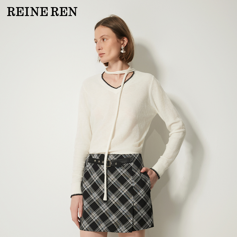 REINEREN任茜2025秋羊毛羊绒混纺撞色手钩花边系领修身套头针织衫