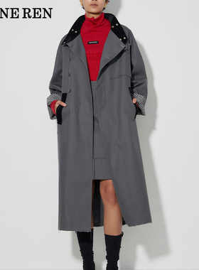 REINEREN任茜春夏新品灰色高级感拼接长款茧型风衣外套