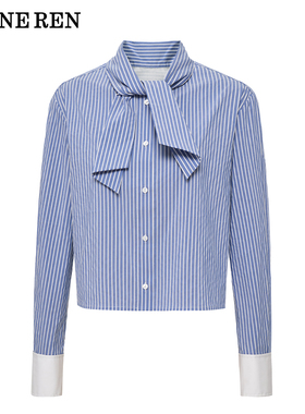 REINEREN任茜设计师款2026春季新品条纹短款箱型宽幅系领衬衣