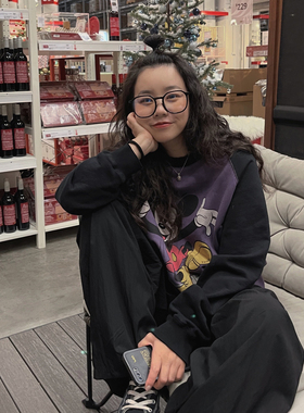 慵懒风美式复古紫色米奇套头卫衣中长款黑色插肩袖宽松圆领女春秋