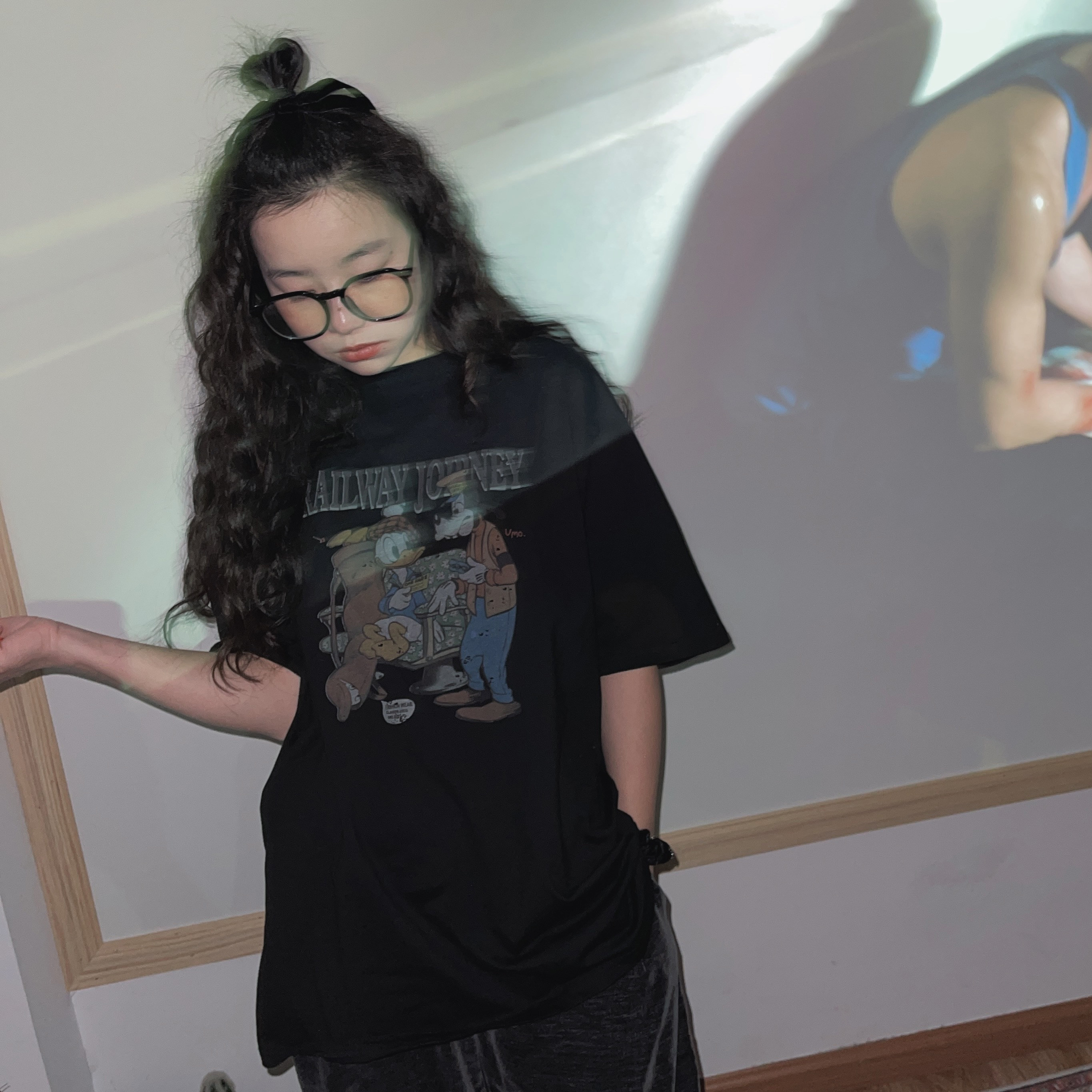BF风美式复古黑色卡通唐老鸭高飞狗字母中长款宽松纯棉短袖T恤女