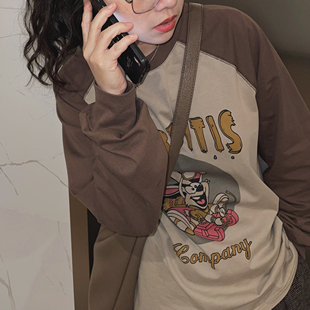 宽松长袖 中长款 T恤女春秋 复古棕色卡其色卡通兔子字母插肩袖 美式