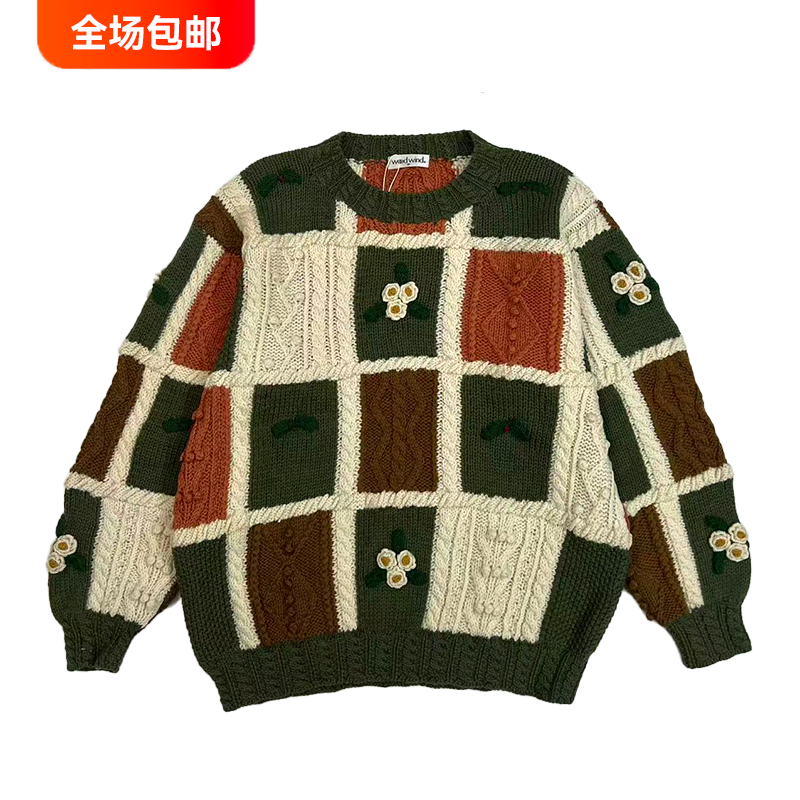 古着vintage日系森手钩文艺浮花田园风图案重手工孤品古着毛衣019