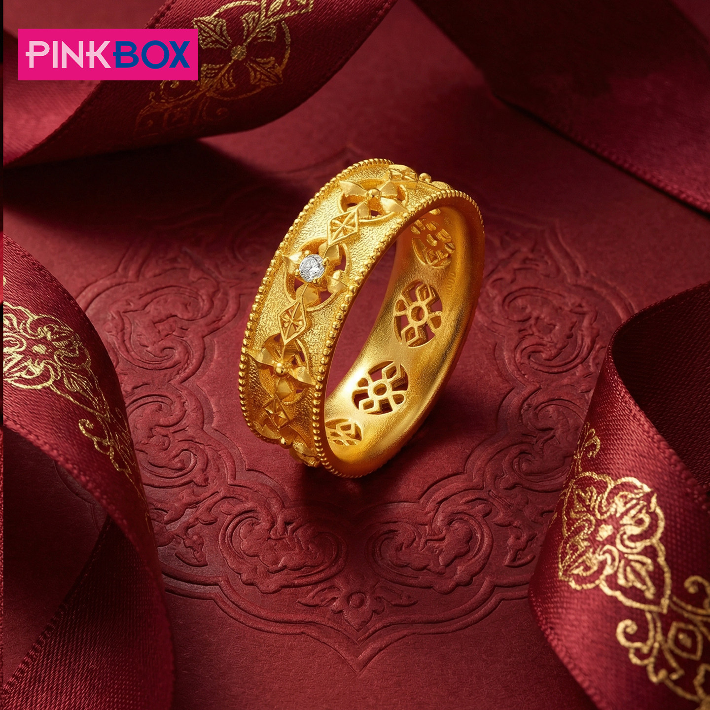 PINKBOX/娉饰珠宝镂金织韵古法钻石黄金戒指足金镂空雕琢新品