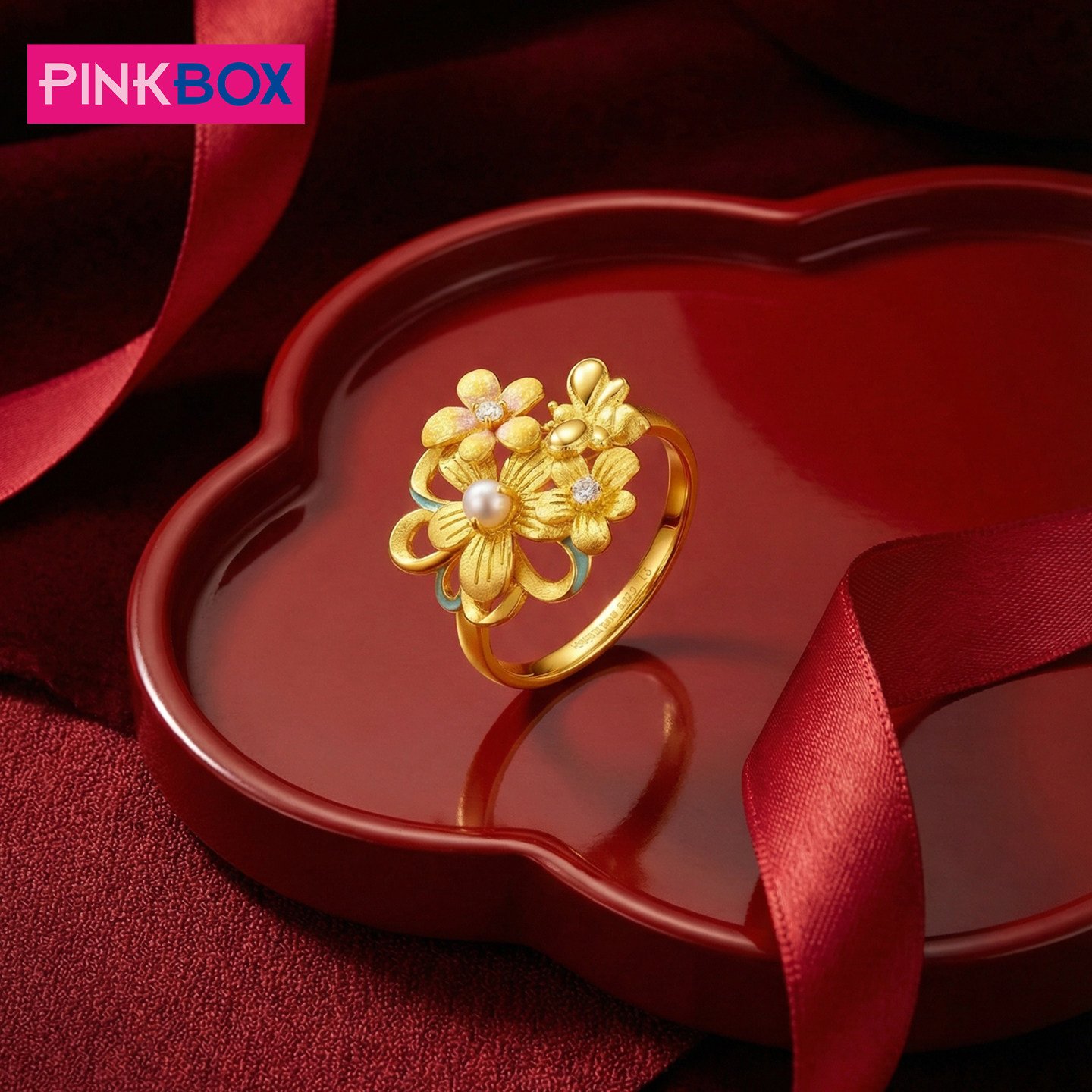 PINKBOX/娉饰珠宝繁花蝶影足金黄金戒指蜜蜂花型东方中式美学新品