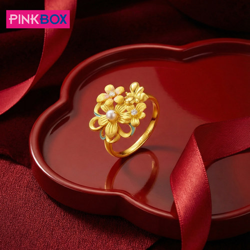 PINKBOX/娉饰珠宝繁花蝶影足金黄金戒指蜜蜂花型东方中式美学新品