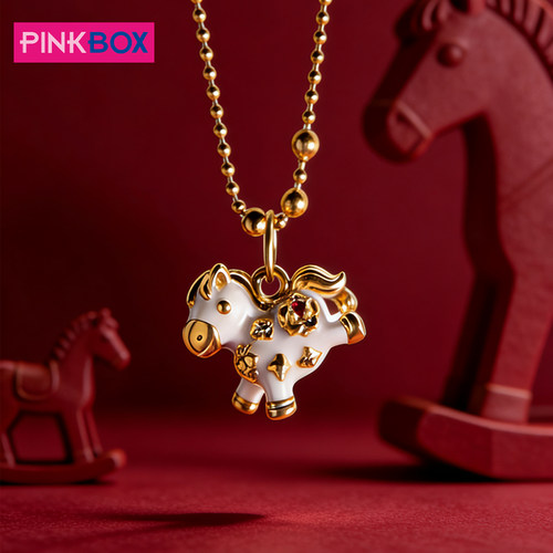 PINKBOX/娉饰珠宝足金黄金吊坠珐琅彩红宝石跳马吊坠马年新品现货