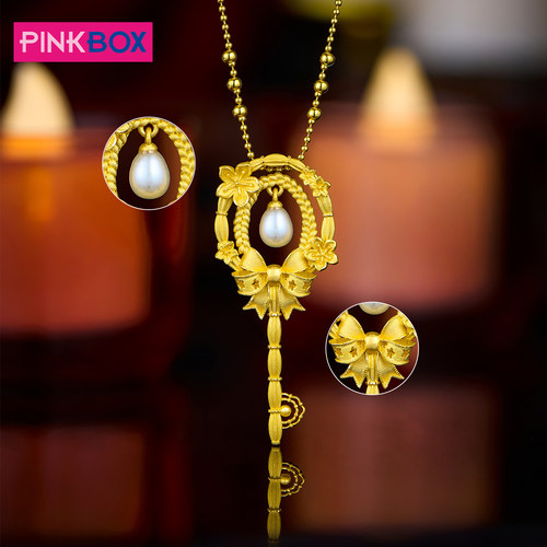 PINKBOX/娉饰珠宝黄金吊坠镶嵌珍珠桃花之匙发间垂桃足金吊坠新品