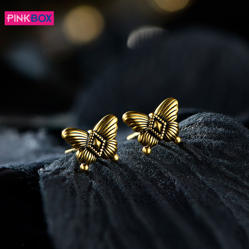 PINKBOX/娉饰珠宝黑金耳饰共振蝶舞神秘典雅黄金5D硬金耳钉轻奢