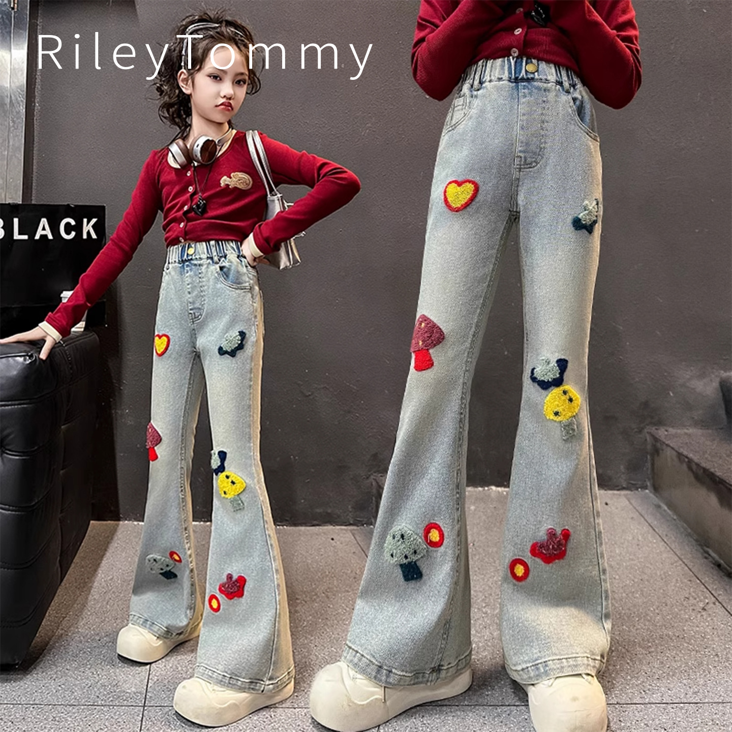 英国RileyTommy女童喇叭裤春秋休闲百搭时髦弹力修身牛仔春装儿童