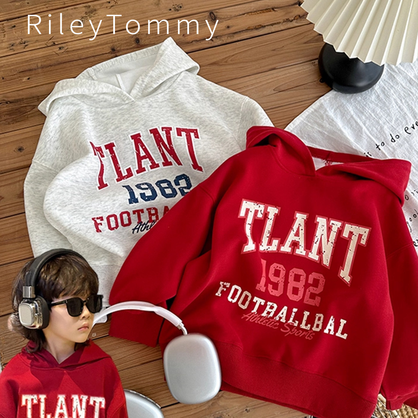 英国RileyTommy儿童连帽红色卫衣春秋款美式字母印花套头男童上衣