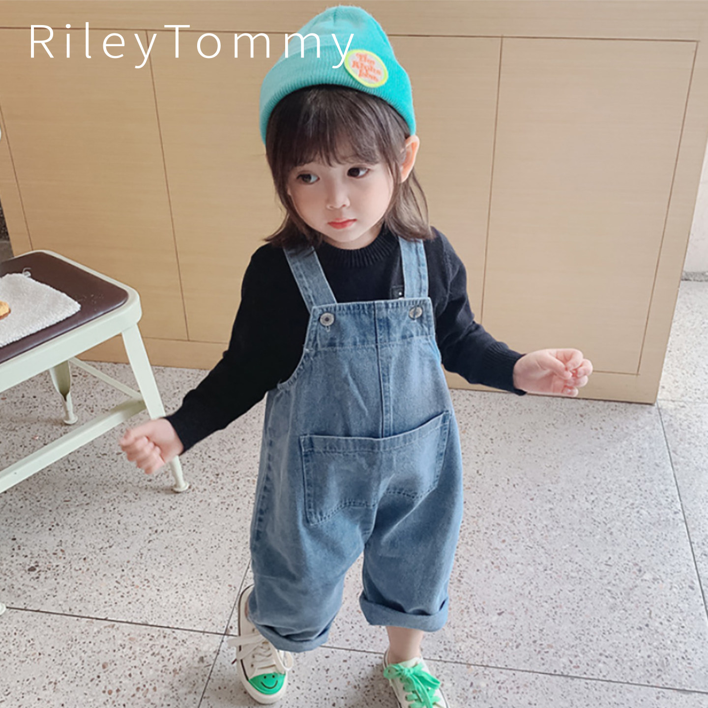 英国RileyTommy 女童牛仔背带裤春款中小童童装宽松口袋裤背带裤