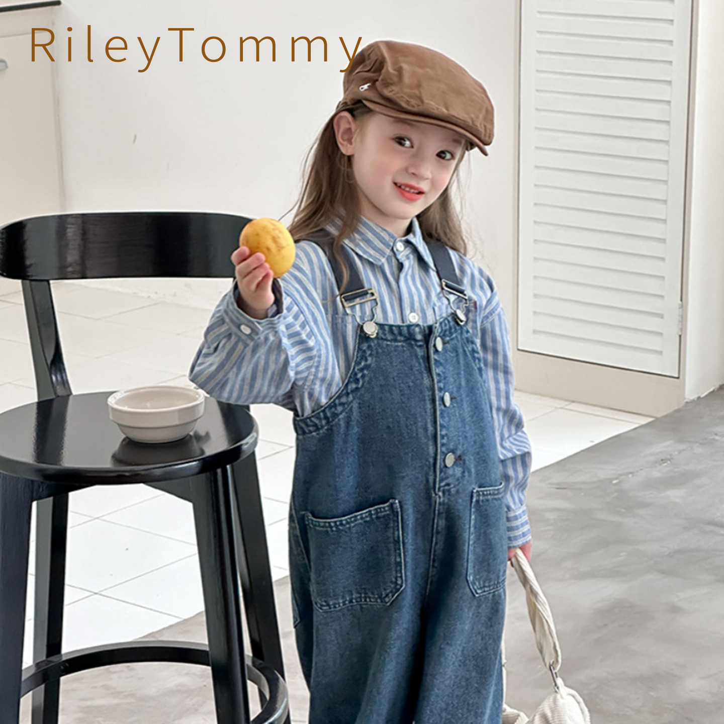 英国RileyTommy女童牛仔背带裤春秋季2025新款儿童吊带宽松休闲裤