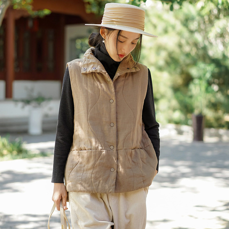 复古文艺砂洗亚麻外穿棉马甲外套女秋冬宽松立领加厚棉麻马夹背心