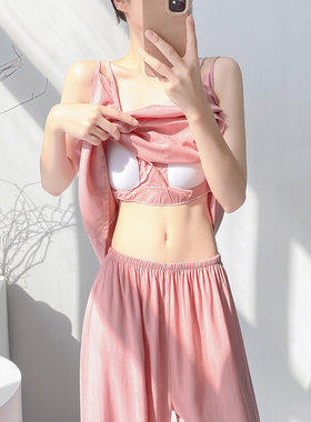 带胸垫夏季性感棉绸吊带睡衣