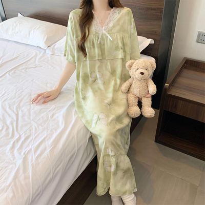 人造棉绸遮胸防漏防突凸点免胸垫睡衣夏荷叶边绵绸连衣女宽松睡裙