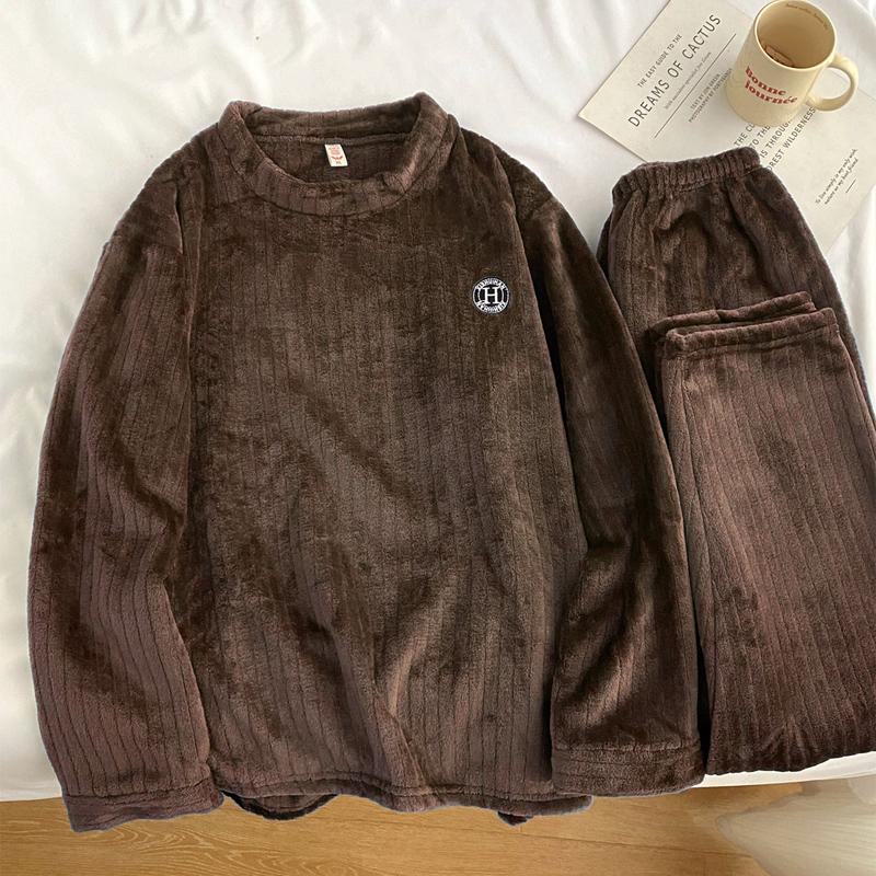 加厚法兰绒睡衣男士冬季保暖套头中青年加绒珊瑚绒家居服套装轻奢