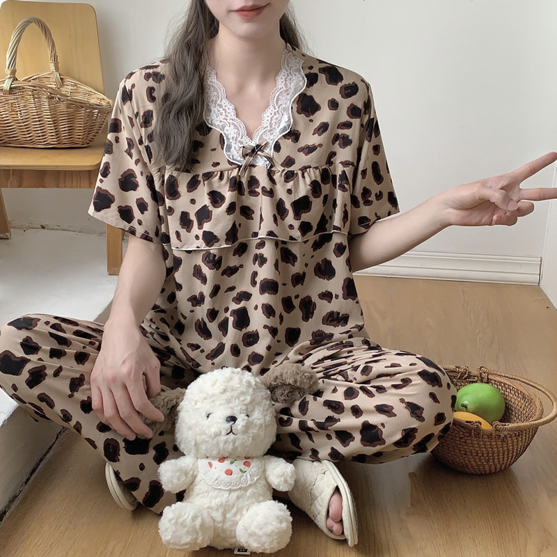新款棉绸睡衣女夏季薄款短袖长裤人造棉套装大码外穿防凸点家居服