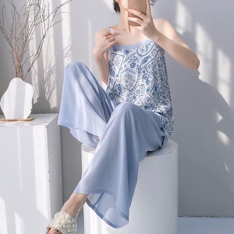 棉绸吊带睡衣女夏季性感薄款轻奢度假风可外穿家居服两件套带胸垫