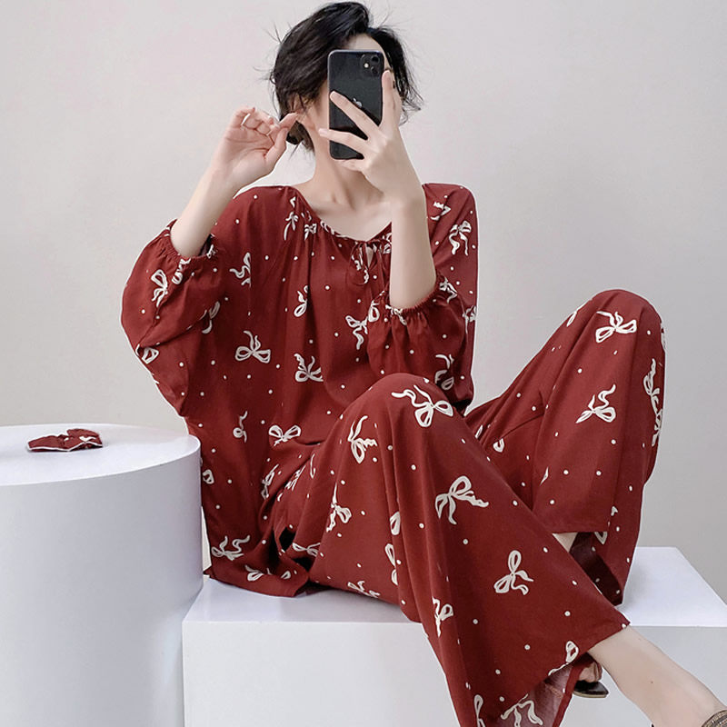 新中式国风睡衣女春秋棉绸