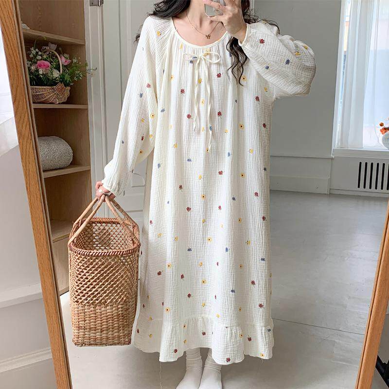 纯棉纱布睡裙圆领春秋薄款长裙女士睡衣双层棉夏季家居服日系甜美