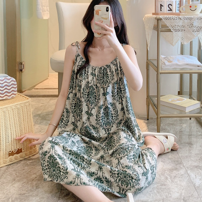 吊带性感棉绸睡裙女夏绵绸睡衣少女人造棉连衣裙绵绸睡衣裙薄宽松