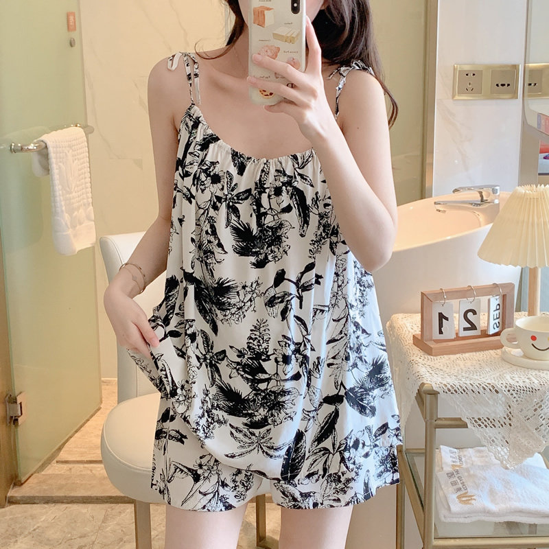 吊带两件套睡衣女棉绸
