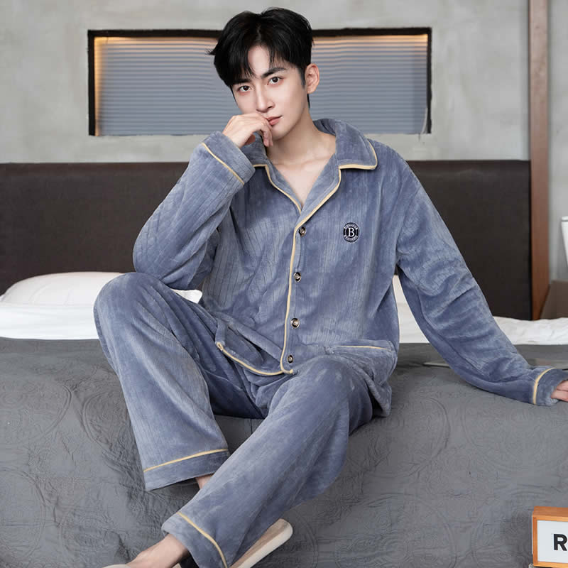 冬季法兰绒睡衣男字母开衫中青少年学生加厚保暖珊瑚绒家居服套装